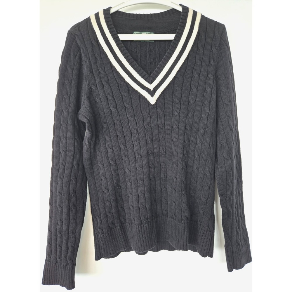 Ralph Lauren Cable Knit Cricket Sweater Sz L V Neck University Blue Soft! Stripe